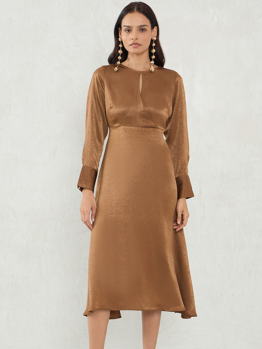 Brown Satin Wrap Midi Dress