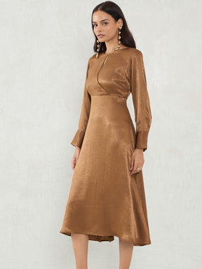 Brown Satin Wrap Midi Dress