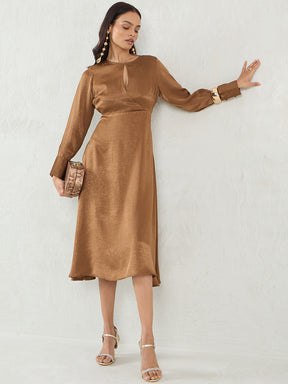 Brown Satin Wrap Midi Dress