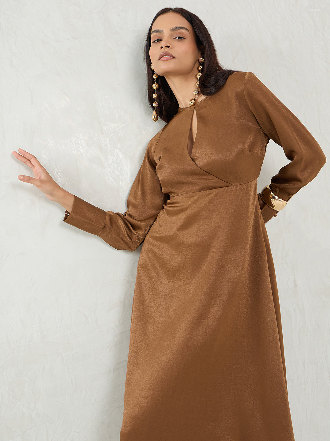 Brown Satin Wrap Midi Dress