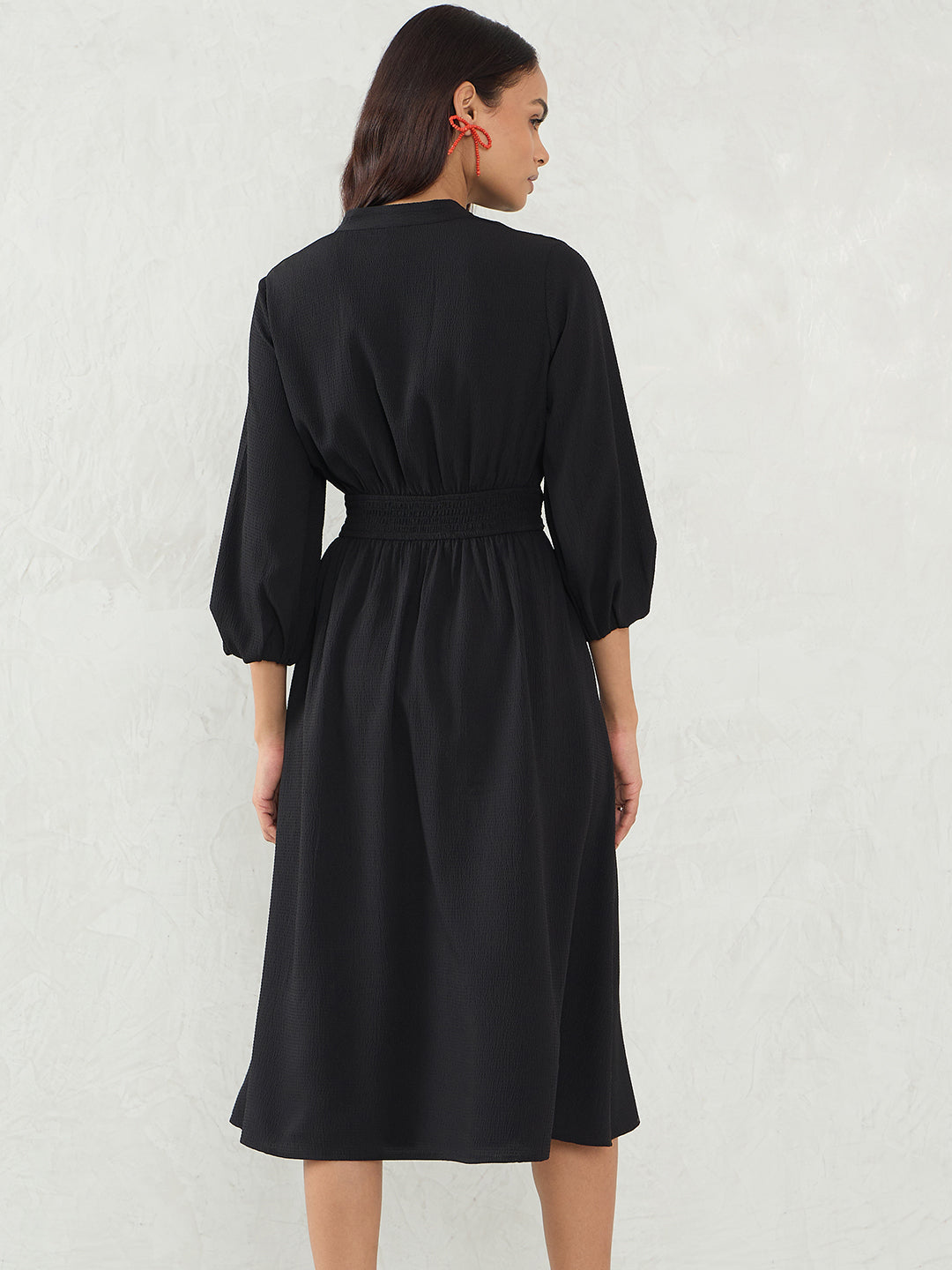 Black Cinched Waist Midi Dress