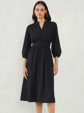 Black Cinched Waist Midi Dress