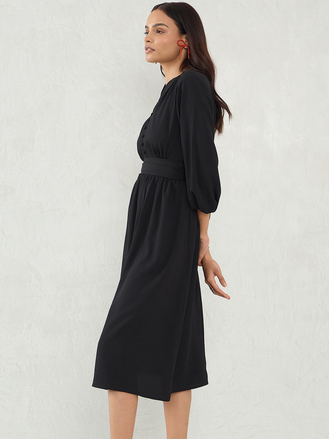 Black Cinched Waist Midi Dress