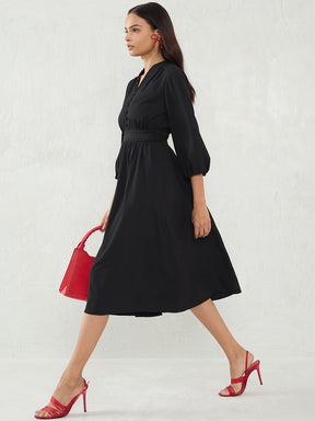 Black Cinched Waist Midi Dress