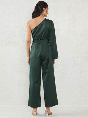 Deep Green Satin One Shoulder Jumpsuit