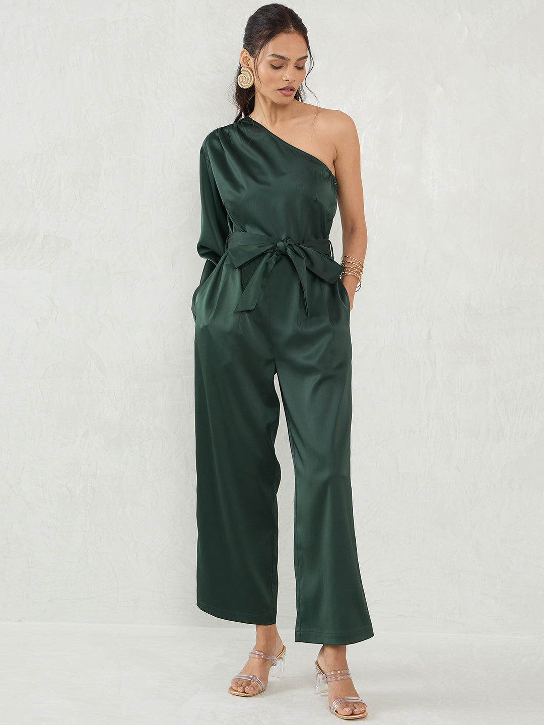 Deep Green Satin One Shoulder Jumpsuit