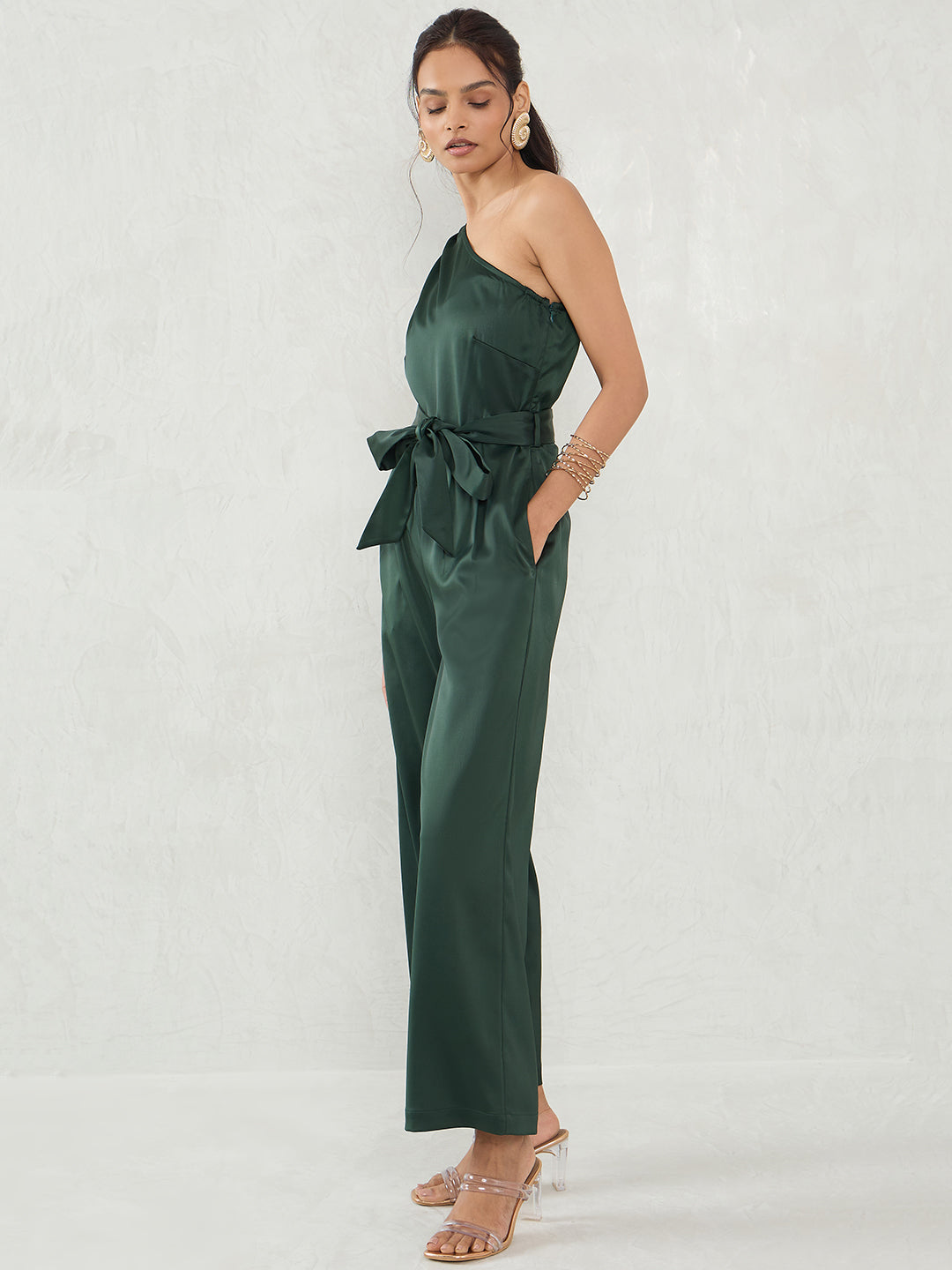 Deep Green Satin One Shoulder Jumpsuit