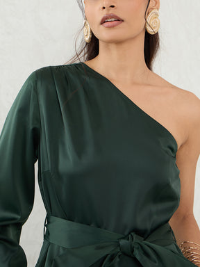 Deep Green Satin One Shoulder Jumpsuit