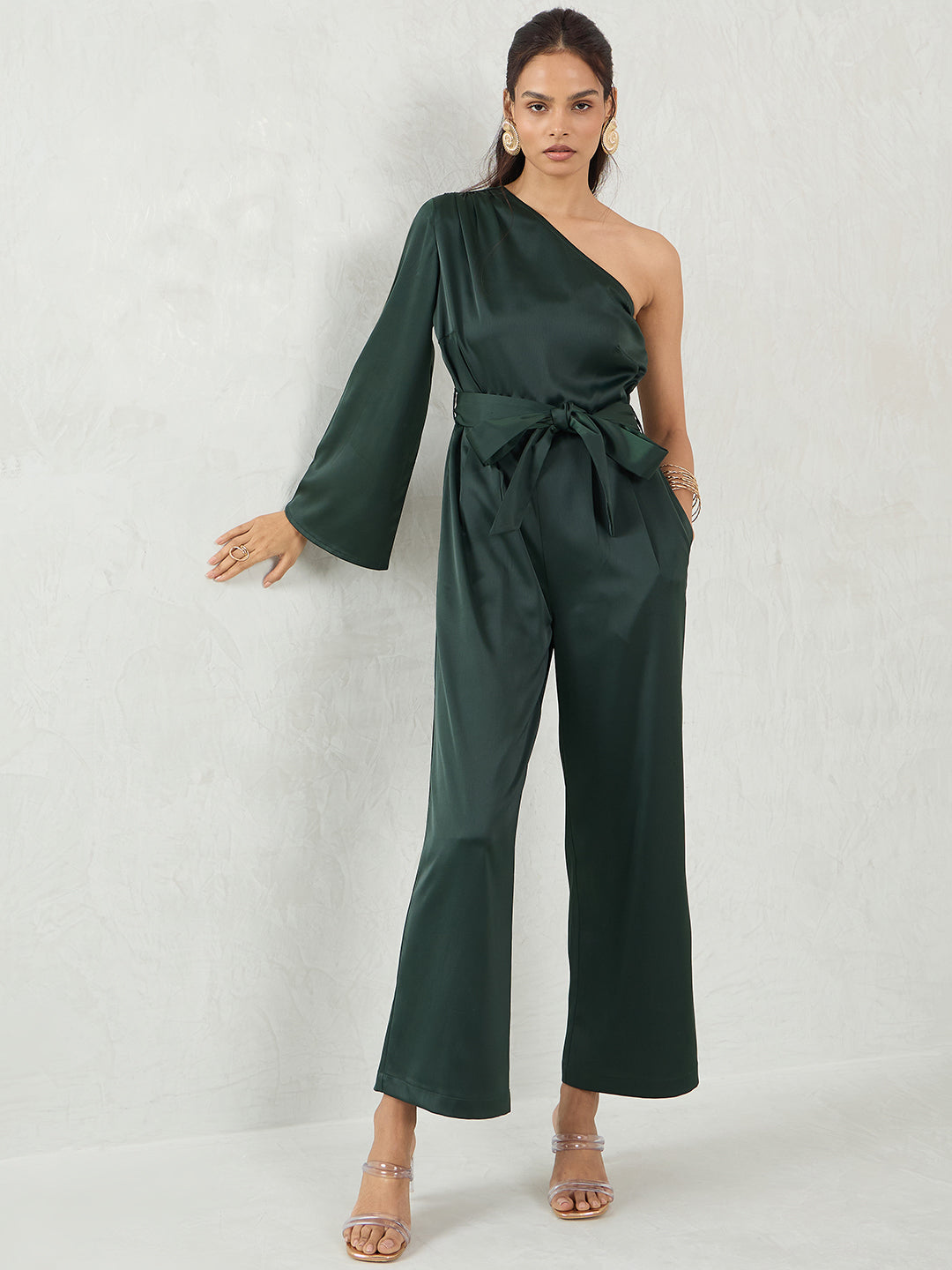 Deep Green Satin One Shoulder Jumpsuit