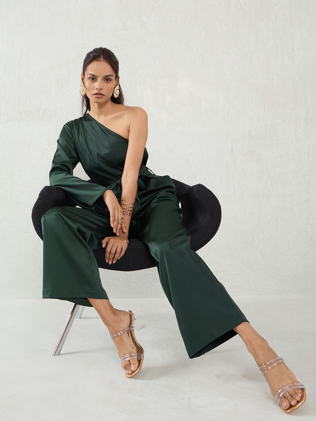 Deep Green Satin One Shoulder Jumpsuit