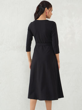 Black Knit Wrap Midi Dress