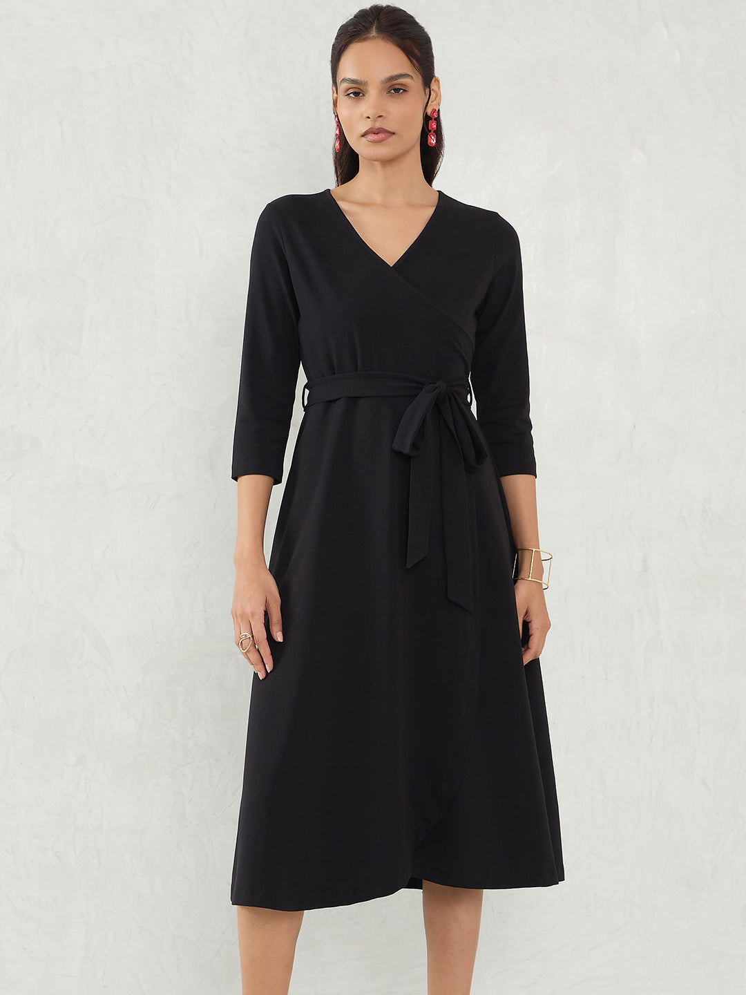 Black Knit Wrap Midi Dress