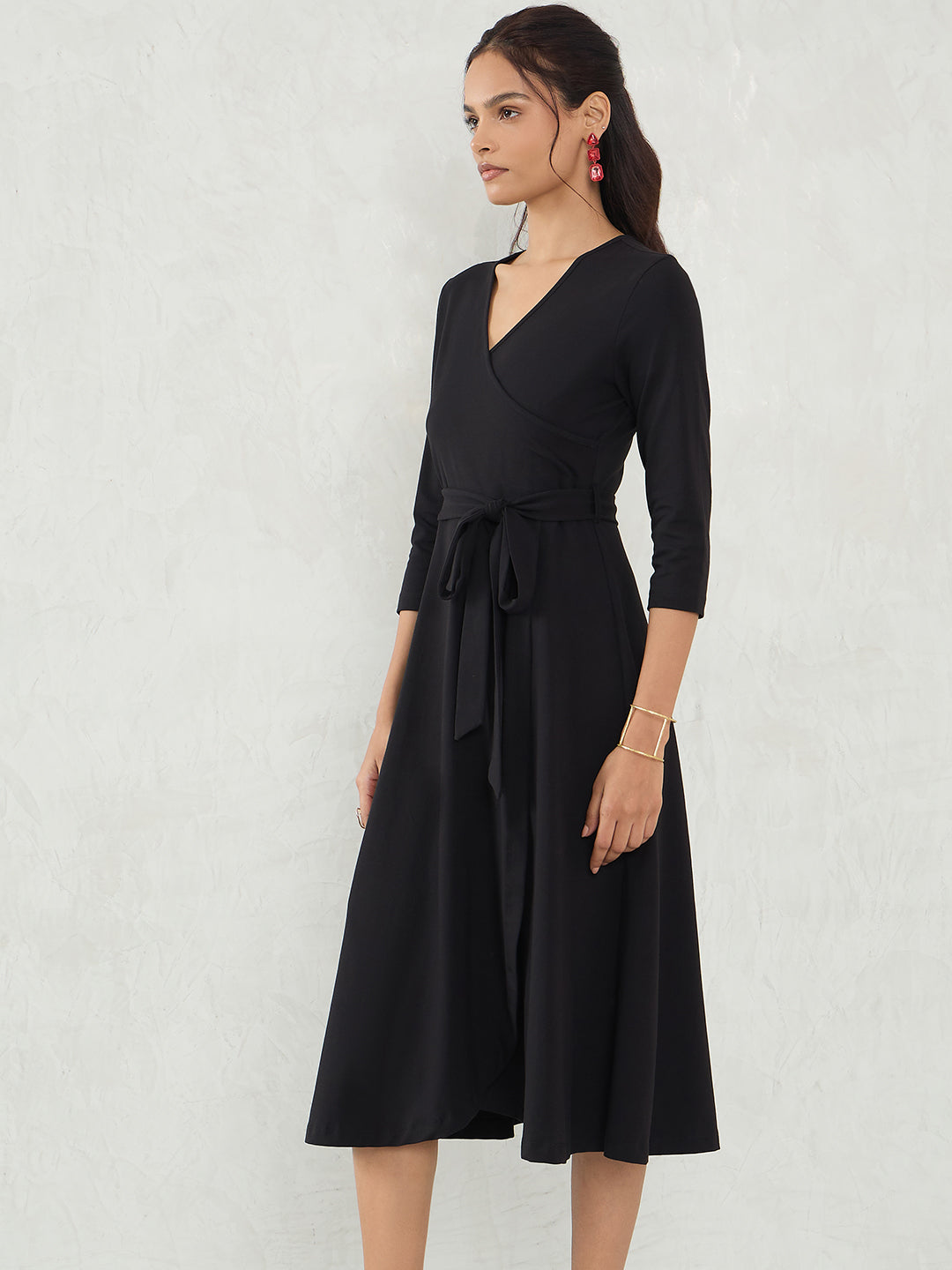 Black Knit Wrap Midi Dress