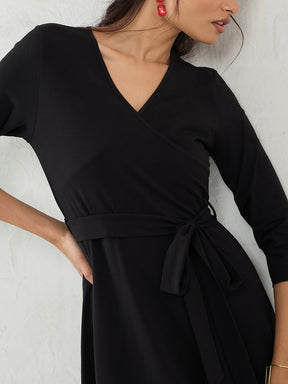 Black Knit Wrap Midi Dress