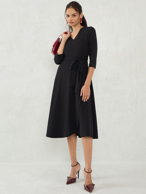 Black Knit Wrap Midi Dress