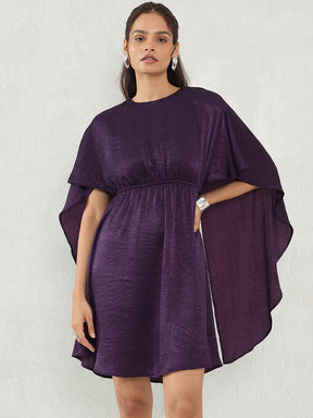 Deep Purple Satin Cape Sleeve Mini Dress