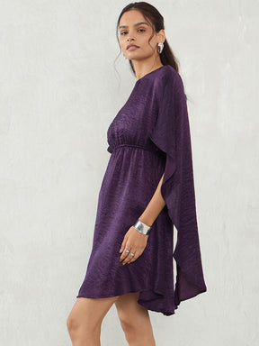 Deep Purple Satin Cape Sleeve Mini Dress