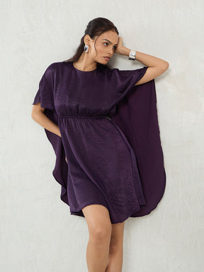 Deep Purple Satin Cape Sleeve Mini Dress