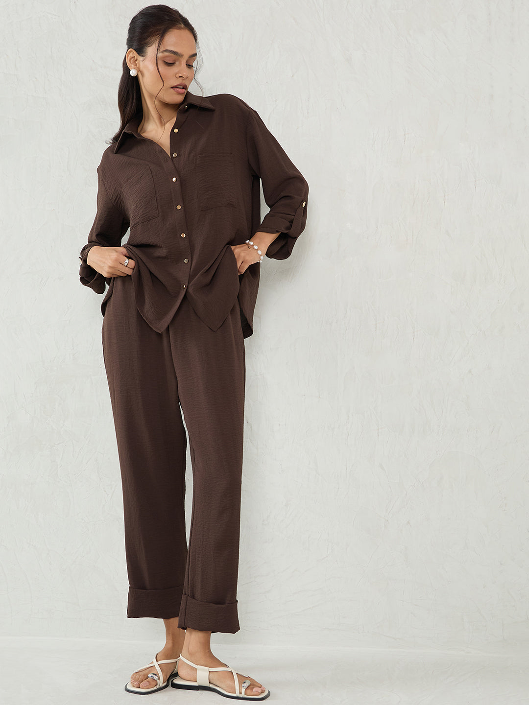 Coffee Brown Dual Pocket Shirt Co-Ord Set