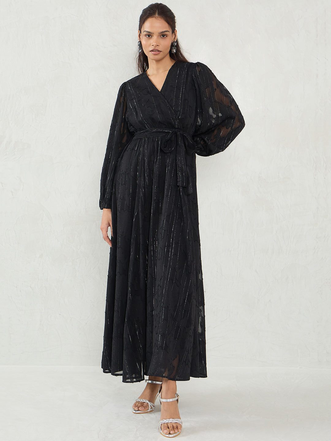 Black Jacquard Lurex Wrap Maxi Dress