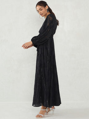 Black Jacquard Lurex Wrap Maxi Dress