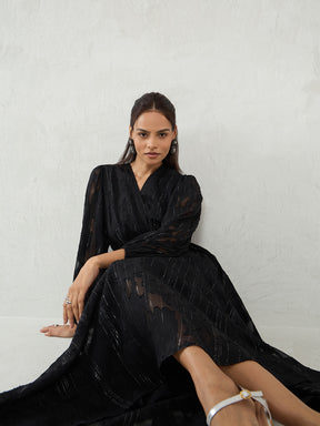 Black Jacquard Lurex Wrap Maxi Dress