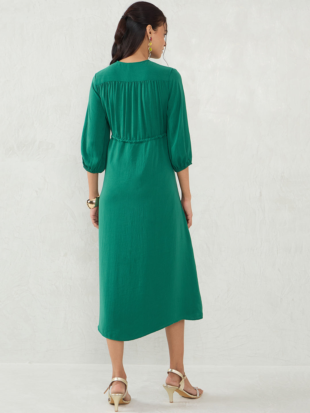 Bright Green Satin Ruched Waist Midi Dress