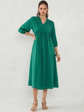 Bright Green Satin Ruched Waist Midi Dress