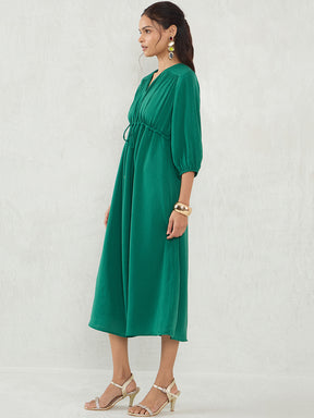 Bright Green Satin Ruched Waist Midi Dress