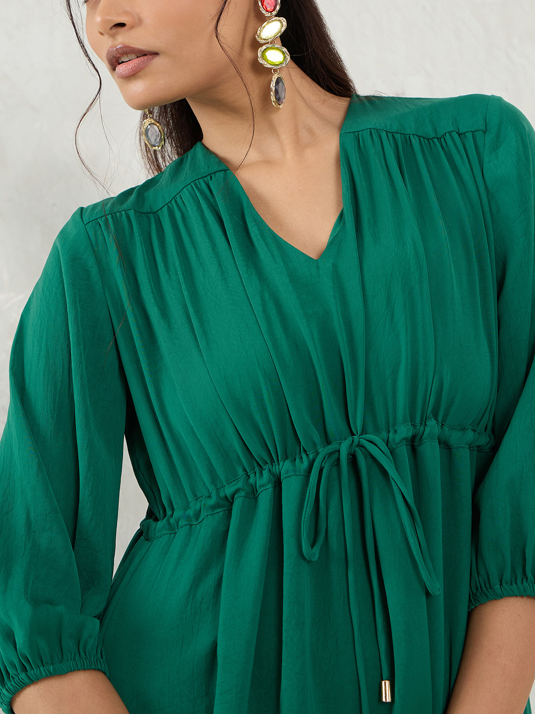 Bright Green Satin Ruched Waist Midi Dress