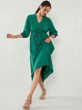 Bright Green Satin Ruched Waist Midi Dress