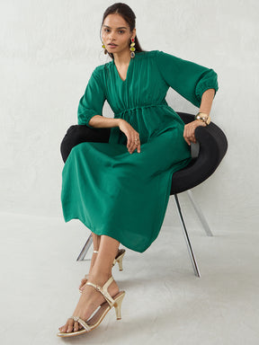 Bright Green Satin Ruched Waist Midi Dress