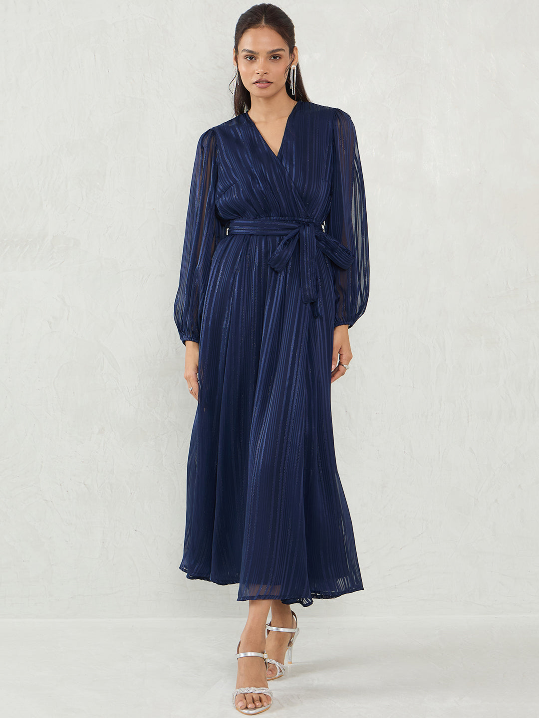 Navy Lurex Wrap Maxi Dress