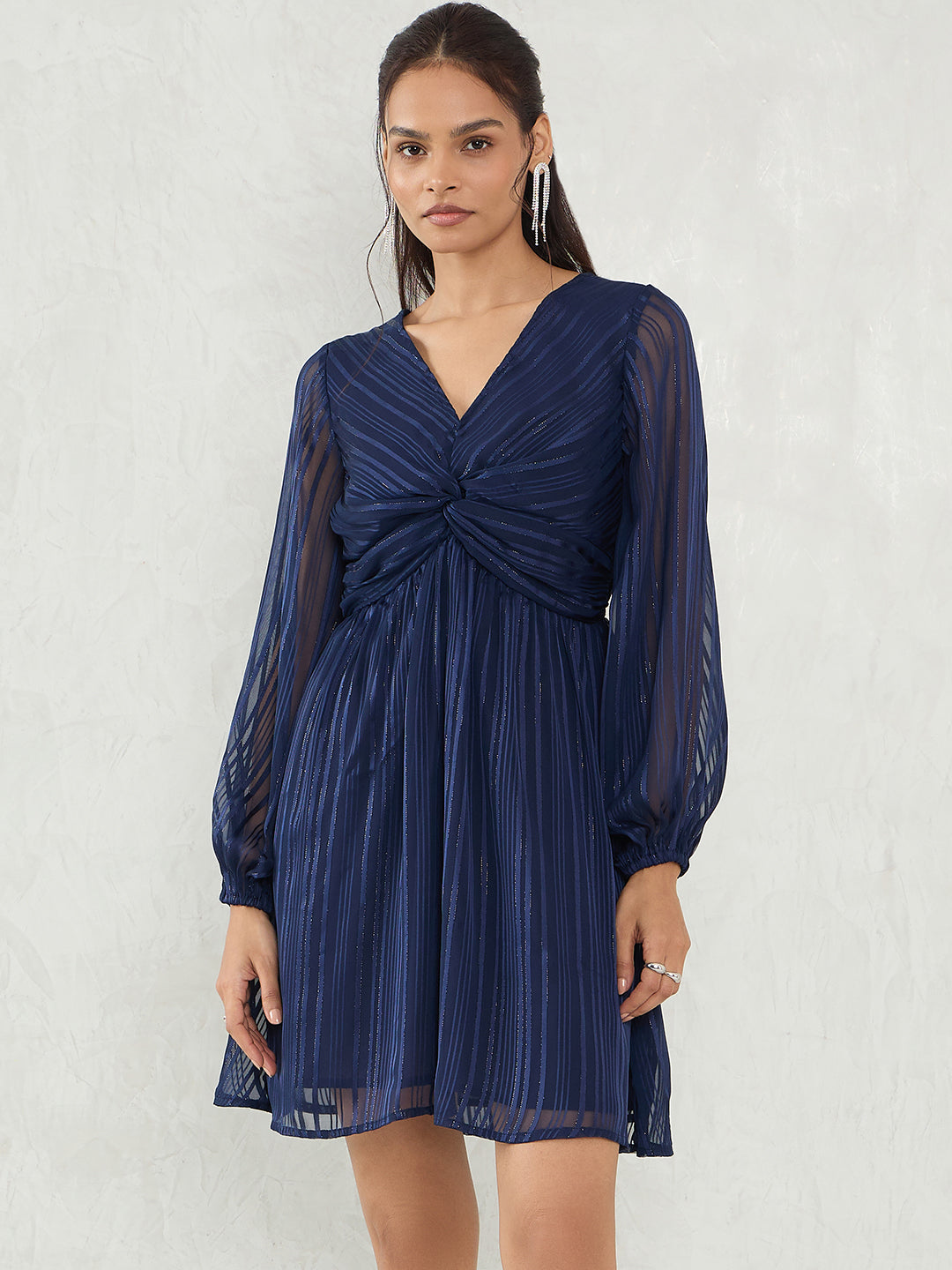 Navy Lurex Front Twist Mini Dress