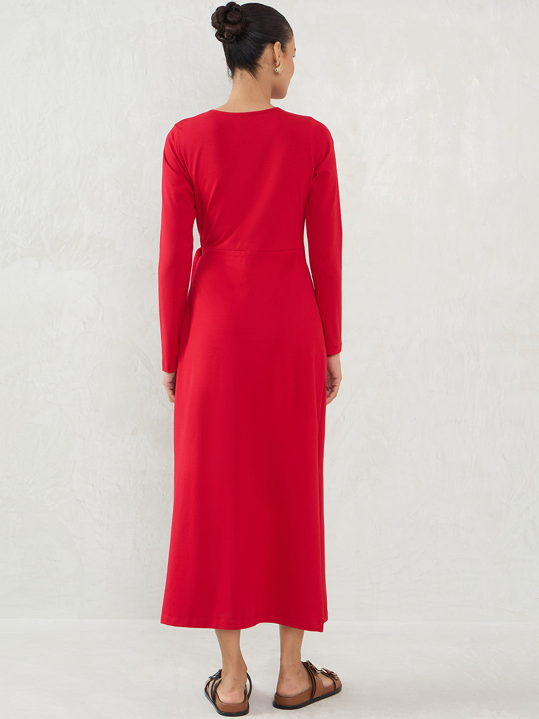 Red Cotton Knit Tie-Up Maxi Dress