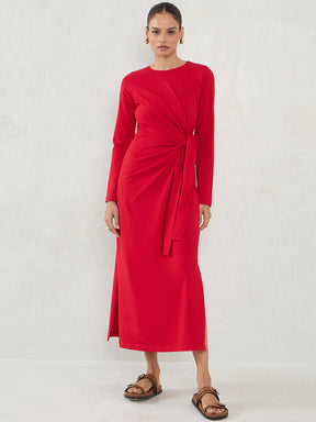 Red Cotton Knit Tie-Up Maxi Dress