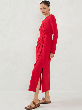 Red Cotton Knit Tie-Up Maxi Dress