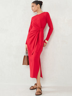 Red Cotton Knit Tie-Up Maxi Dress