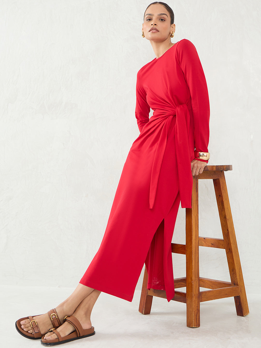 Red Cotton Knit Tie-Up Maxi Dress