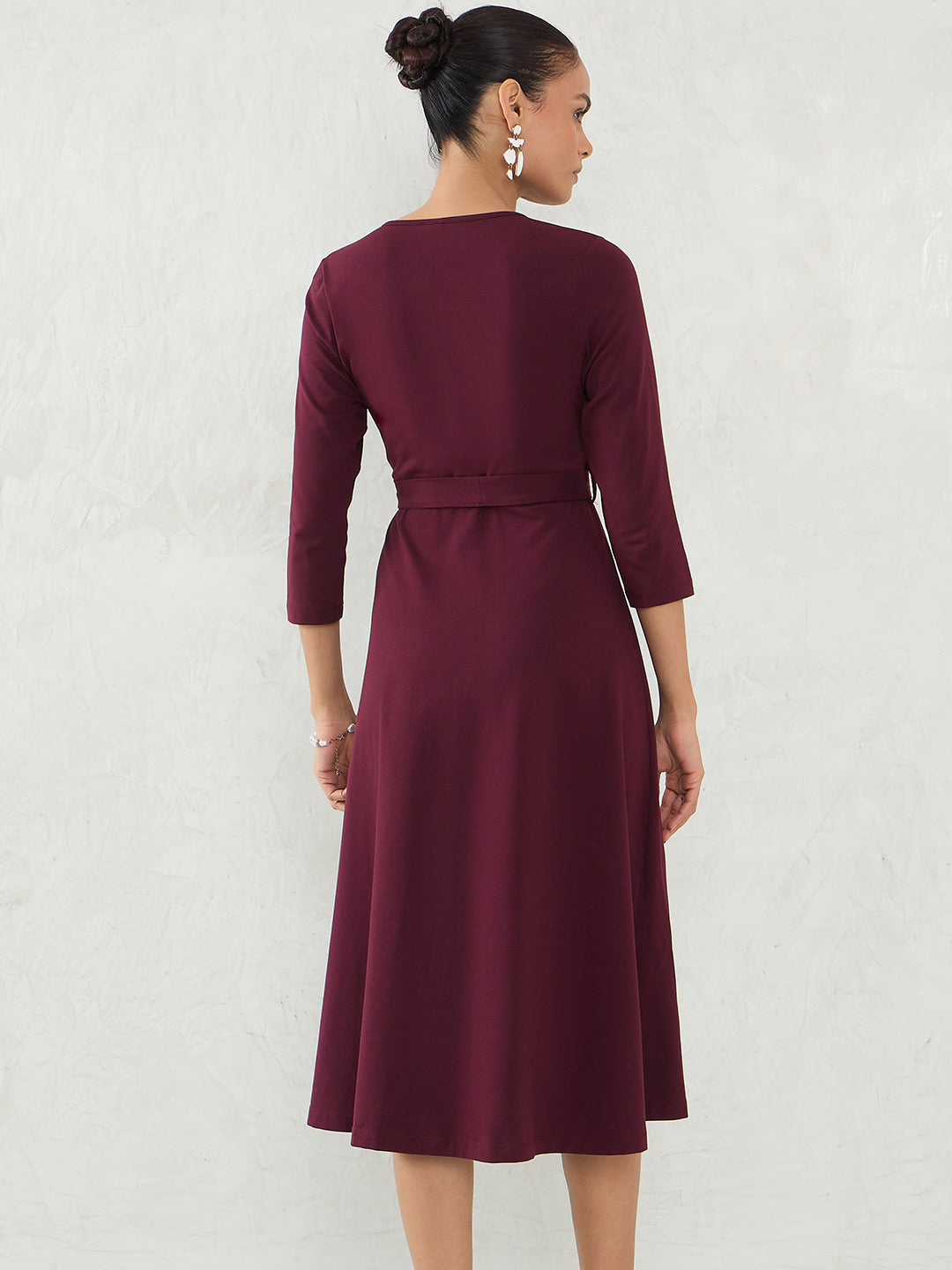 Wine Knit Wrap Midi Dress