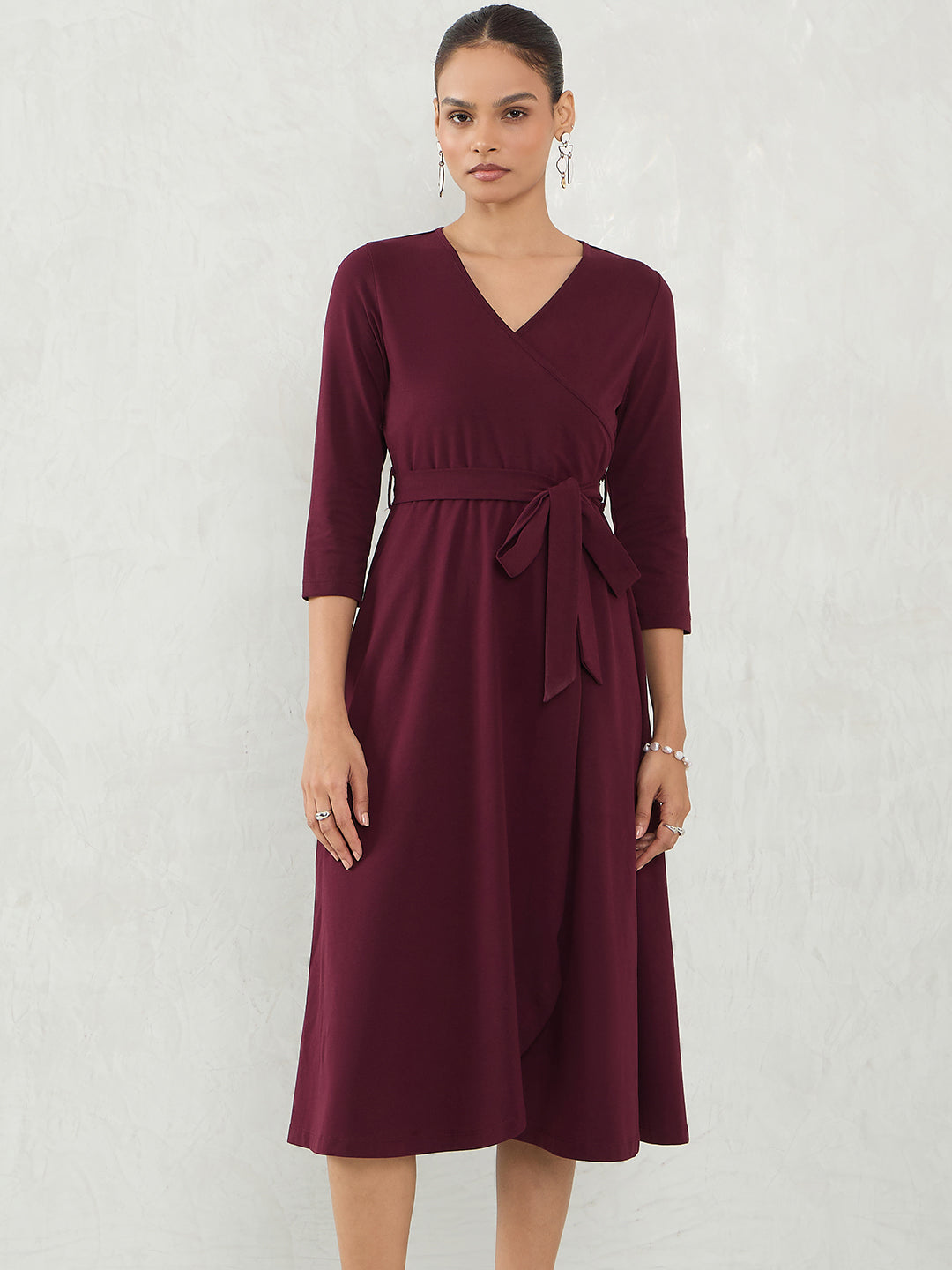 Wine Knit Wrap Midi Dress