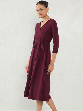 Wine Knit Wrap Midi Dress