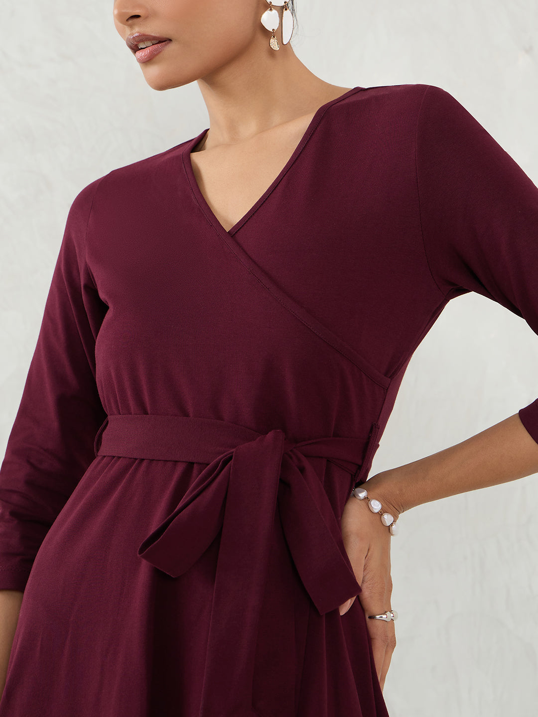 Wine Knit Wrap Midi Dress