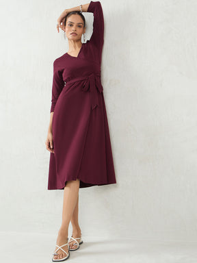 Wine Knit Wrap Midi Dress