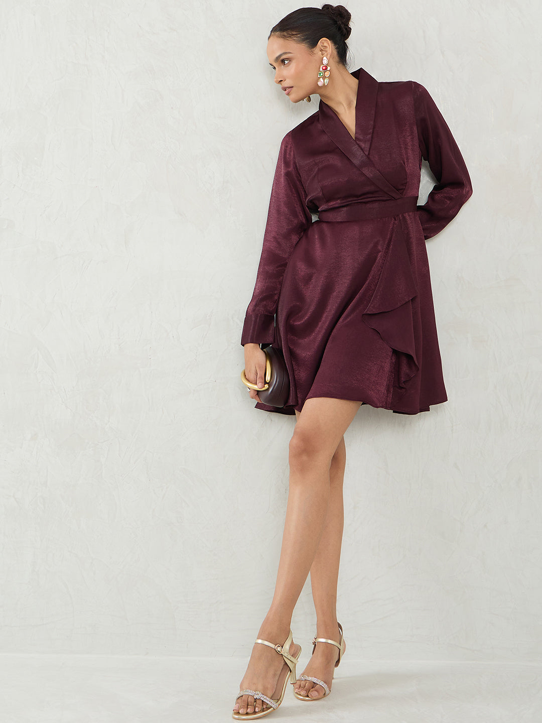 Wine Satin Wrap Mini Dress