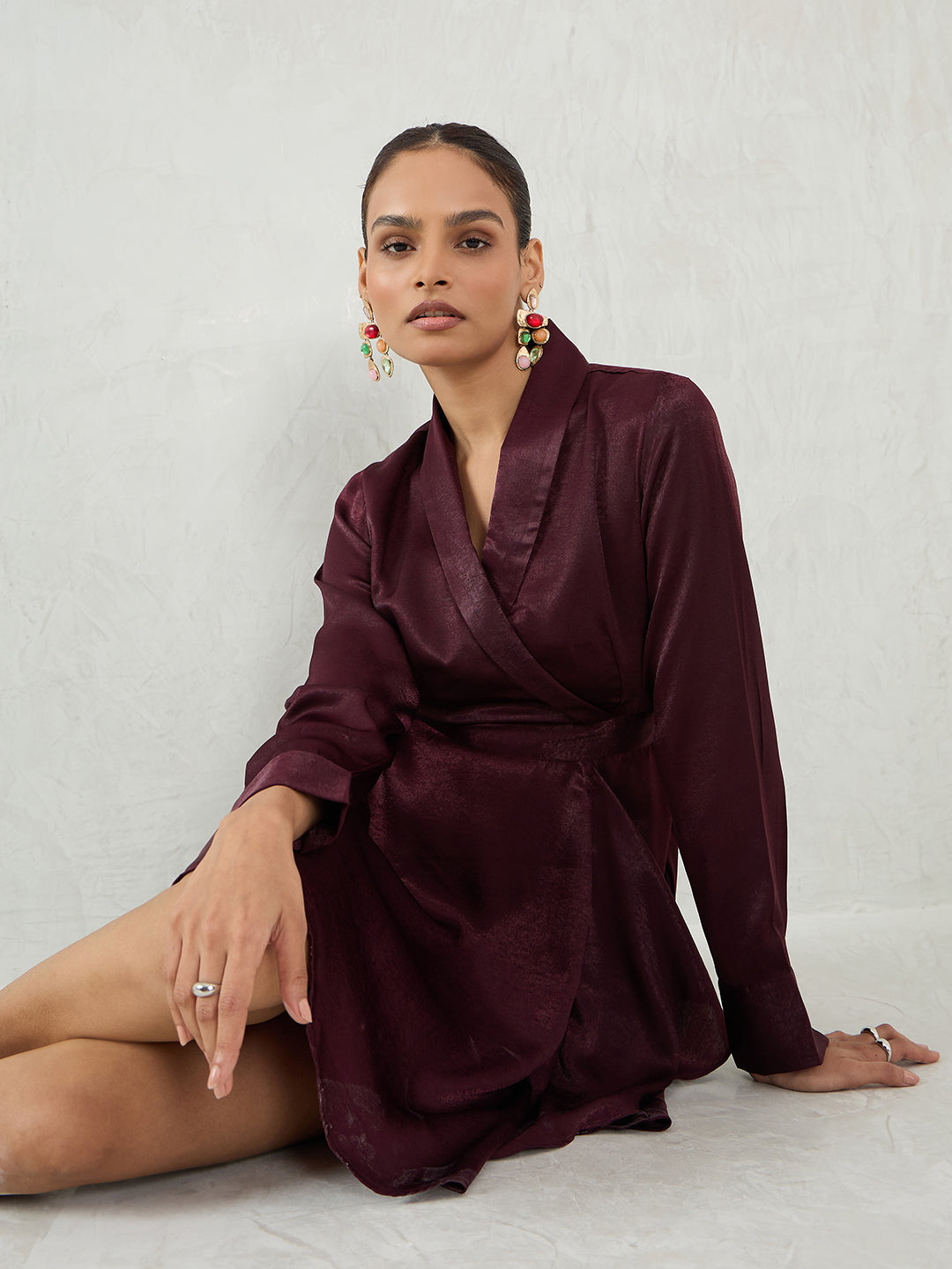 Wine Satin Wrap Mini Dress