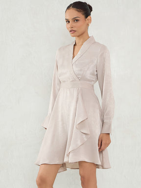 Beige Satin Wrap Mini Dress