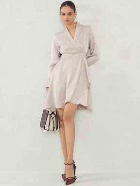 Beige Satin Wrap Mini Dress