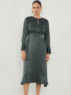 Olive Satin Wrap Midi Dress