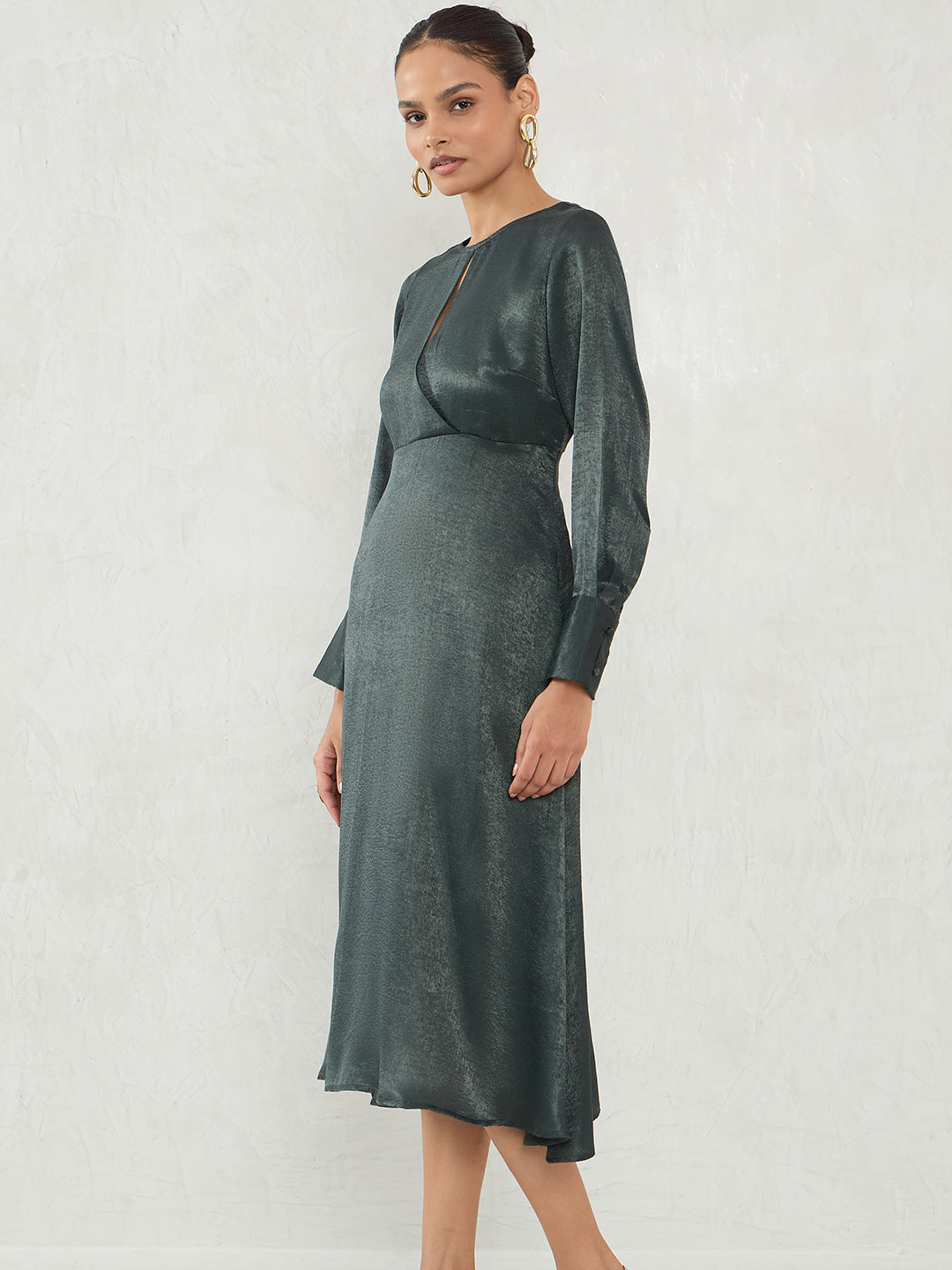 Olive Satin Wrap Midi Dress